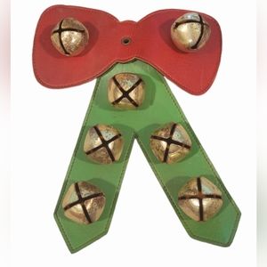 Vintage Christmas Bow Jingle Bells Door Hanger, GENUINE Leather. 1 IN BELLS 9"